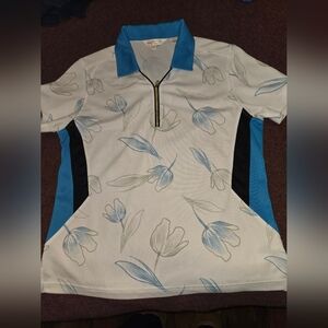 Monterey Club Women's Lotus Petal Print Block Polo Shirt #2512 Malibu Medium